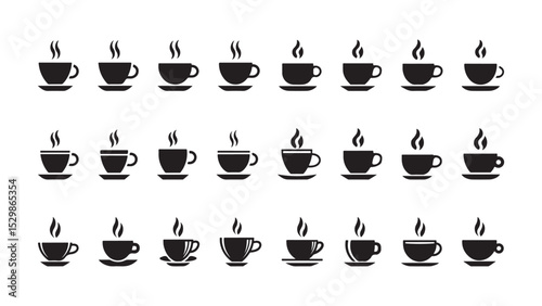 Black silhouette Hot espresso cappuccino cups and steaming coffee mugs set for breakfast