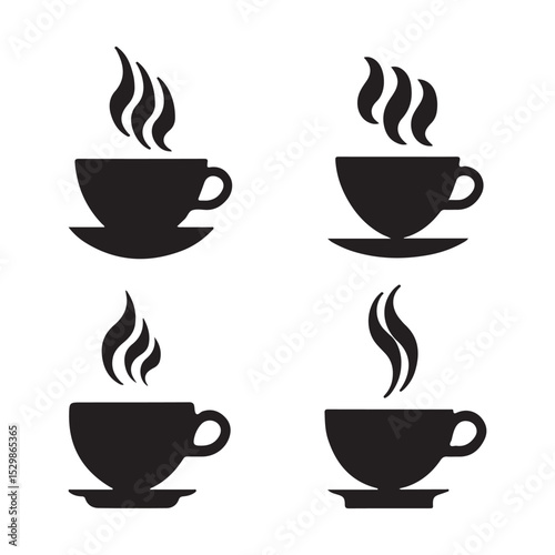 Black silhouette Hot espresso cappuccino cups and steaming coffee mugs set for breakfast