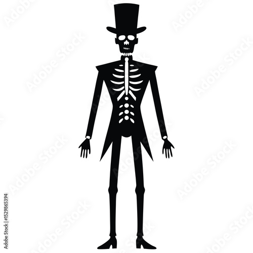 Elegant silhouette skeleton in top hat and tailcoat perfect for halloween or horror themes