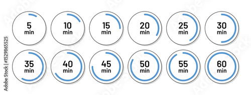Round timer symbols isolated. Countdown clocks set with different minutes. Chronometer deadline, stopwatches icons in circle shape. Vector illustration. Cooking indicators in flat design.