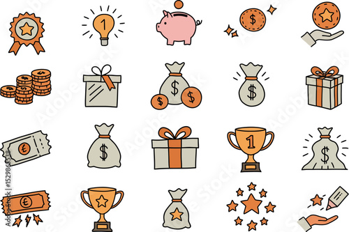 Financial icons set featuring money bags, coins, trophies, and gift boxes vector illustration