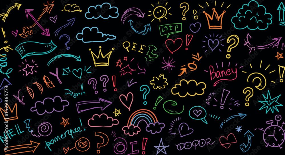 Colorful hand-drawn doodles on black background: arrows, clouds, hearts, stars, rainbow vector illustration Colorful hand-drawn doodles on black background: arrows, clouds, hearts, stars, rainbow vector illustration