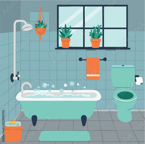 Bathroom interior with bathtub toilet plants and orange towel in modern style vector illustration 