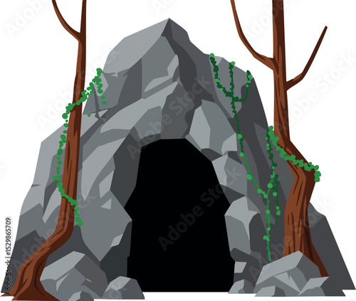 Rocky cave entrance with climbing ivy and bare trees natural landscape vector illustration 