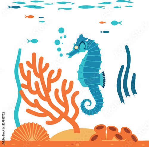 Underwater seahorse coral reef ocean life vector illustration in blue and orange colors 