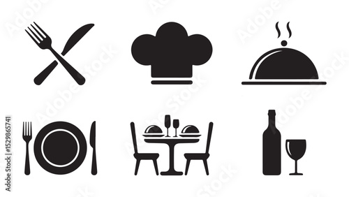 A vector set of restaurant menu icons, featuring cooking symbols like a chef, knife, fork, spoon, wine glass, and coffee cup, for illustrating food and drink dishes