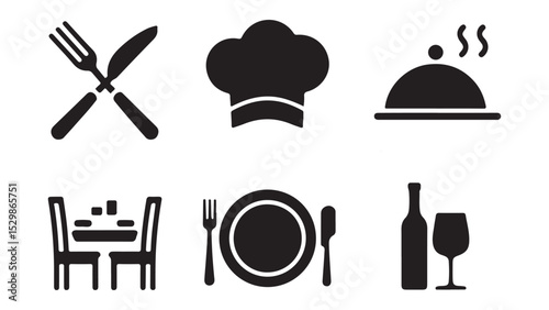 A vector set of restaurant menu icons, featuring cooking symbols like a chef, knife, fork, spoon, wine glass, and coffee cup, for illustrating food and drink dishes