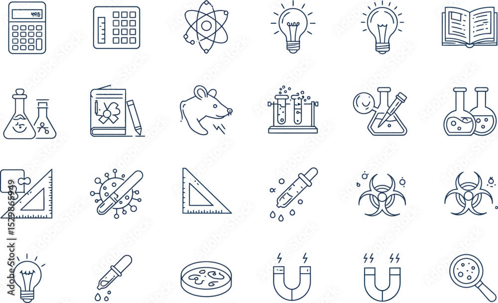 Fototapeta premium Science and education icons featuring laboratory equipment and atomic symbols vector illustration