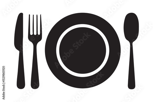 Plate, fork and knife icon in flat style. Food symbol isolated Plate icon. Flat vector illustration in black on white background. vector illustration