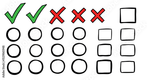 Checklist symbols: red xs, green checkmarks, circles, and squares in grid layout vector illustration