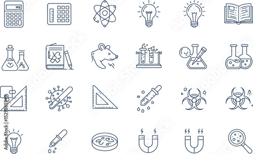 Science and education icons featuring laboratory equipment and atomic symbols vector illustration