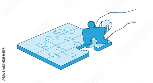 Hand placing final puzzle piece on blue jigsaw puzzle board vector illustration