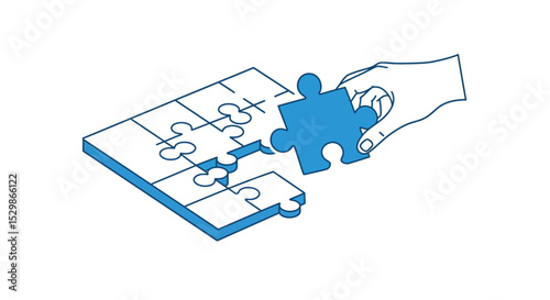 Hand placing puzzle piece into incomplete puzzle on white background vector illustration