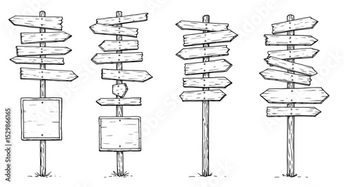Hand-drawn directional signs on wooden posts in black and white vector illustration