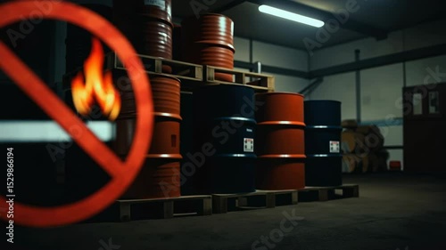 Red prohibition sign with flame symbol near chemical barrels in industrial storage facility. Fire safety warning preventing ignition hazards around flammable materials. Emergency prevention