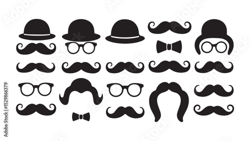 Collection of vintage curly beards, glasses, and funny hair silhouettes for men's fashion design, Father's Day concept