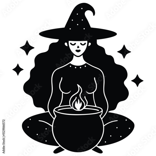 Illustration of a witch with a hat and cauldron in a black and white line art style