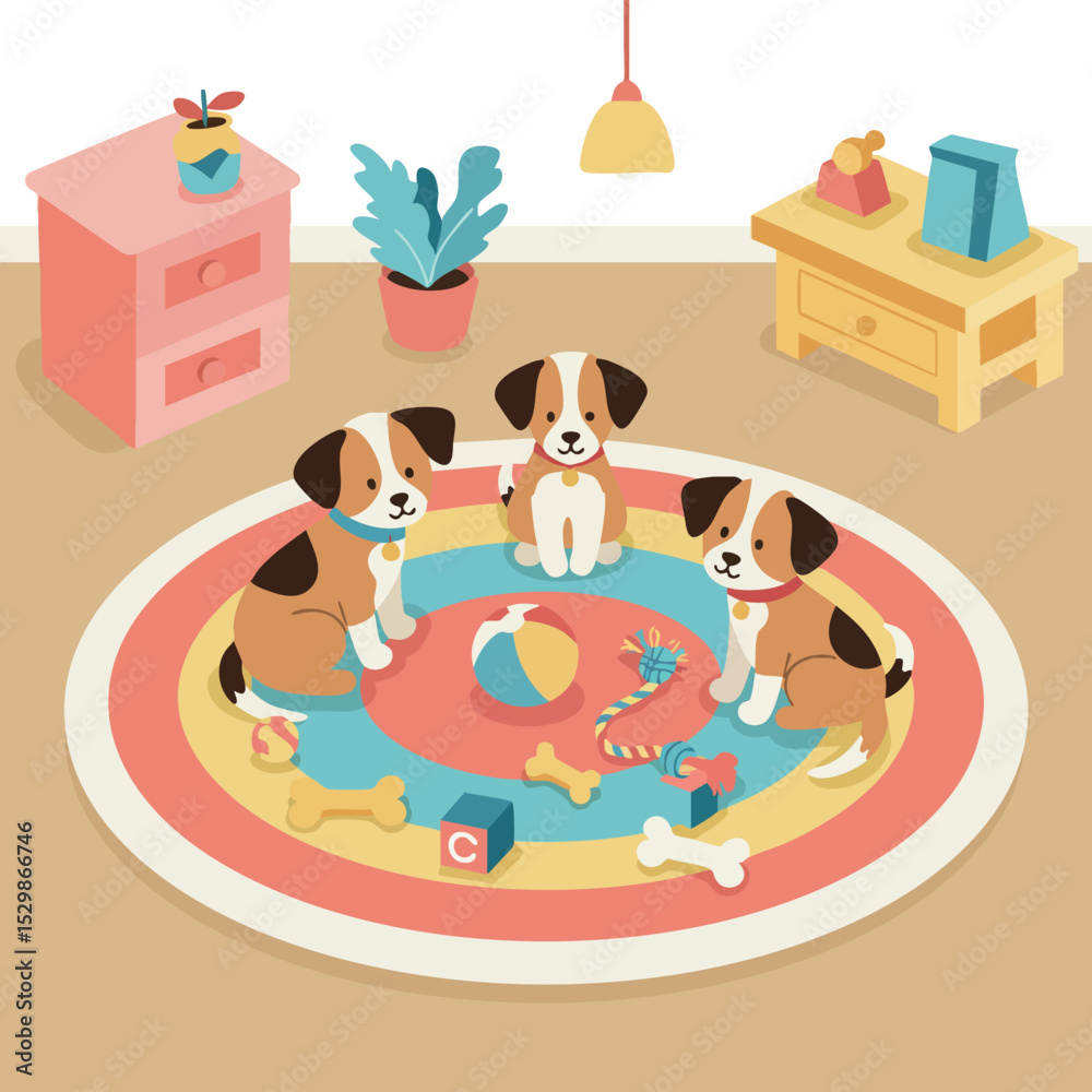 Obraz premium Three playful puppies sitting on colorful round rug with toys in cozy living room vector illustration 