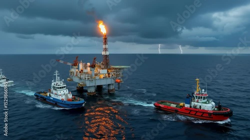 Offshore oil drilling platform with gas flare burning during stormy weather with lightning. Emergency response tugboats assisting rig operations. Maritime industrial concept for energy extraction