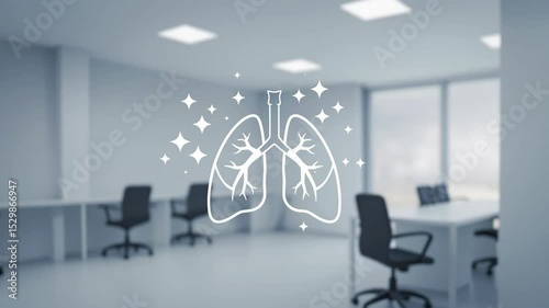 White lungs icon with sparkles floating in modern medical clinic office environment. Clean respiratory symbol representing healthy breathing. Pulmonary health concept for healthcare services