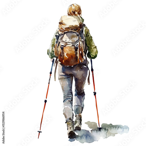 Hiking, watercolor illustration vector, isolated on a white background.
