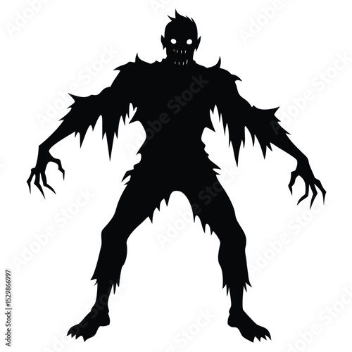 Silhouette illustration of a menacing zombie character with sharp claws and ragged clothing.