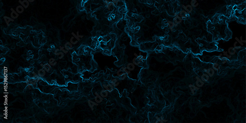 Abstract background with swirling, cloud-like textures in deep black and vibrant neon blue. Electric plasma or smoke tendrils, forming glowing, intricate, organic shapes. Suitable for technology, spac