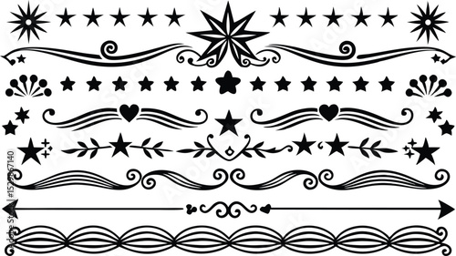 Elegant black and white vector illustrations of decorative borders with stars and floral embellishments