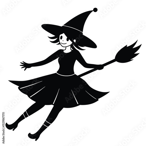 Silhouette illustration of a witch with a broomstick flying for halloween or magical concepts