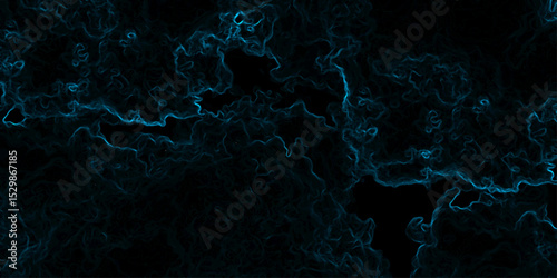 Abstract background with swirling, cloud-like textures in deep black and vibrant neon blue. Electric plasma or smoke tendrils, forming glowing, intricate, organic shapes. Suitable for technology, spac