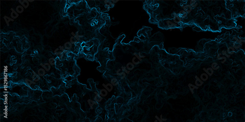 Abstract background with swirling, cloud-like textures in deep black and vibrant neon blue. Electric plasma or smoke tendrils, forming glowing, intricate, organic shapes. Suitable for technology, spac