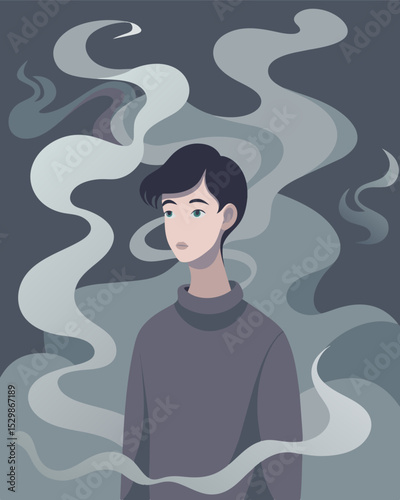 Hazy tendrils of mist wrap around the person causing a blurry and distorted view of their surroundings.. Vector illustration