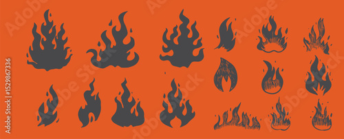 Set of hand-drawn flame icons in rustic red, perfect for digital design and print projects.