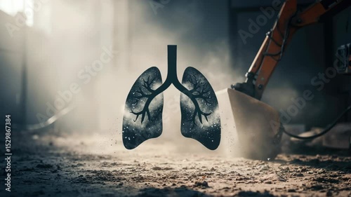 Lungs silhouette with polluted particles against industrial construction site background. Respiratory organ affected by dust contamination. Air pollution concept for environmental health awareness