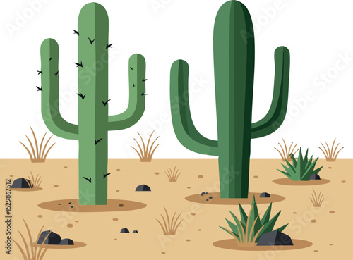 Cactus plants desert landscape illustration with green succulents and rocks vector 
