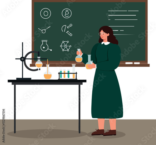 Female Scientist Working with Chemistry Equipment in Laboratory Classroom Vector Illustration