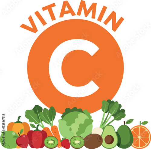 Vitamin C sources with orange and green fruits and vegetables vector illustration 