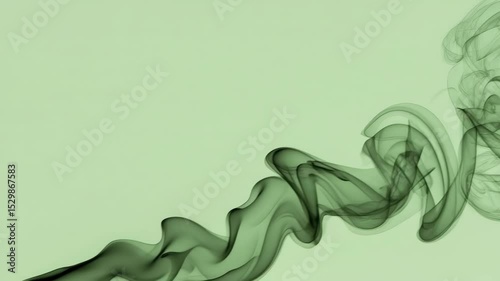 Elegant green smoke swirls creating flowing organic patterns against light background. Ethereal vapor forming graceful curves with translucent effect. Aromatherapy concept for wellness spa