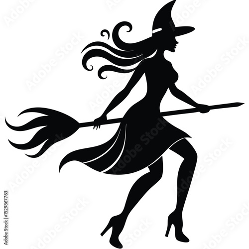 Silhouette of a witch flying on a broomstick for halloween celebration and decoration