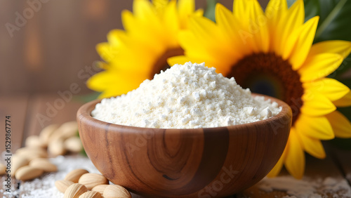 Sunflower flour on brown wooden bowl and some seeds for baking, gluten free copy space