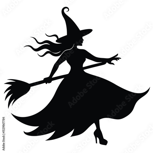 Silhouette of a witch flying on a broomstick celebrating halloween with elegant witchcraft