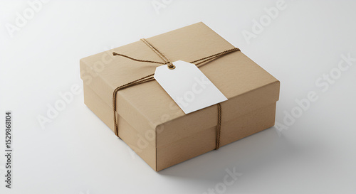 A simple brown cardboard box with a white tag tied with string on a white background studio shot
