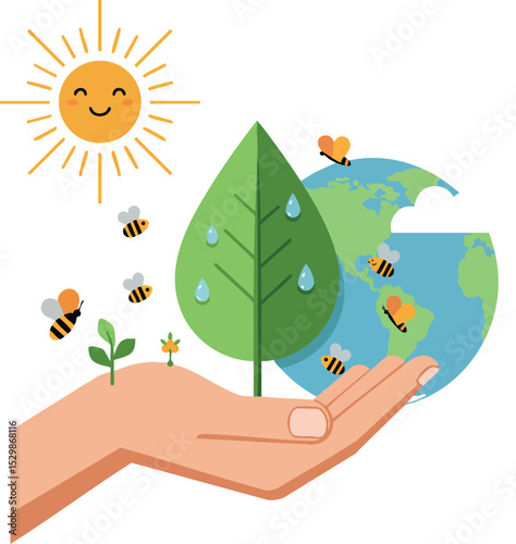 Hand Holding Green Leaf Earth Globe Bees and Sun Vector Illustration for Environmental Care and Nature Protection 