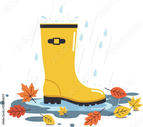 Yellow Rain Boot with Autumn Leaves and Raindrops Vector Illustration 