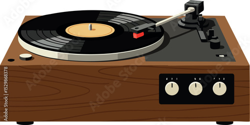 Vintage wooden turntable with vinyl record playing music vector illustration