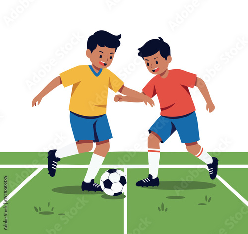Two boys playing soccer on green field in casual sportswear vector illustration 