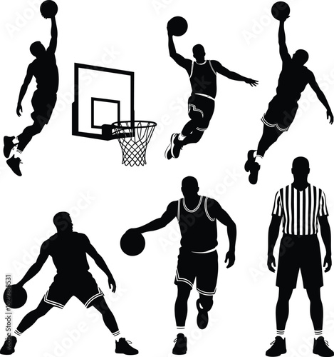 Dynamic Basketball Player and Referee Silhouettes Collection, Illustrating Various Poses for Dribbling, Jumping, Shooting, and Game Action