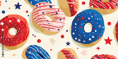 Festive American Flag Donut Seamless Pattern. Patriotic 4th of July Celebration Food Design trendy design, textile, packaging, fabric, wallpaper, branding, stationery, wrapping paper interior decor