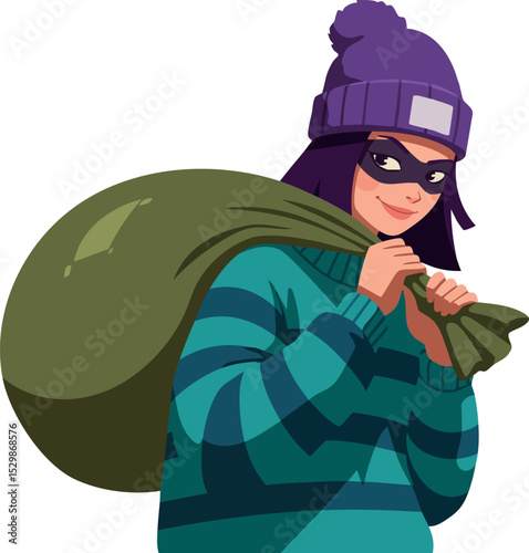 Woman Wearing Purple Beanie Carrying Large Green Sack in Striped Sweater Vector Illustration 