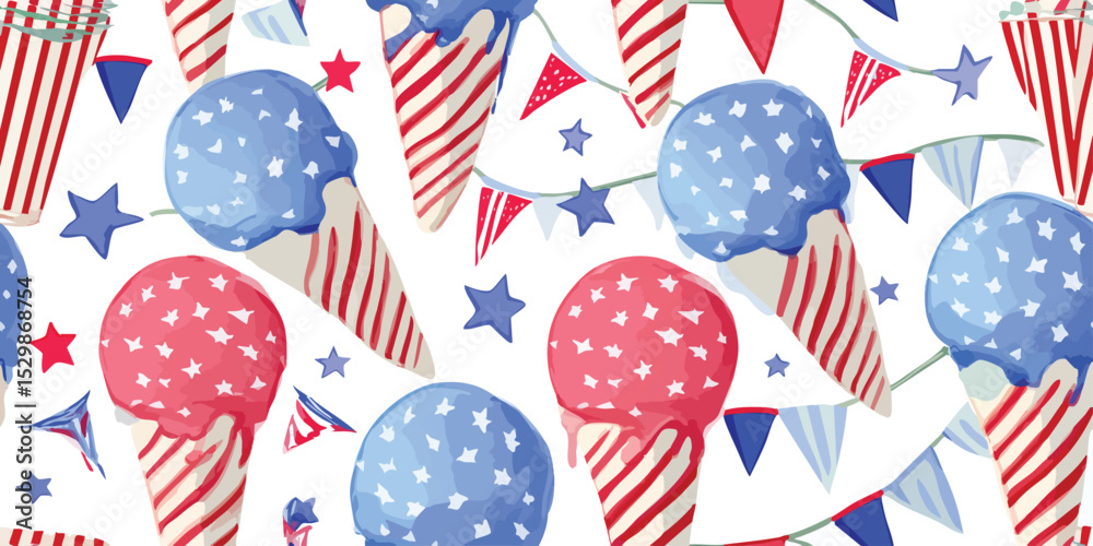 Obraz premium Patriotic Red White Blue Ice Cream and Stars Seamless Pattern. Festive 4th of July Celebration trendy design, textile, packaging, fabric, wallpaper, branding, stationery, wrapping paper interior decor